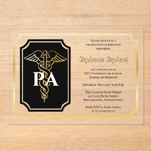 Elegante Gold Physicians Assistant Graduation Part Acryl Uitnodigingen (Voorkant)