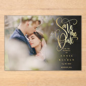 Elegante Gold Script Photo Wedding Sla de datum op Acryl Uitnodigingen (Voorkant)