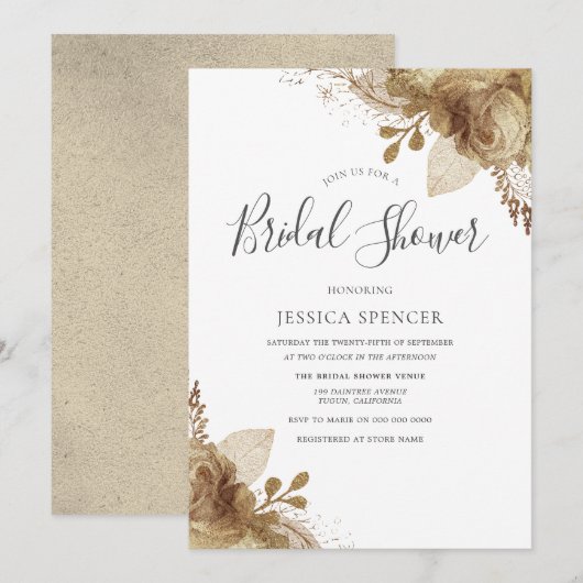 Elégante Golden Floral Bridal Shower Invitation (Devant / Derrière)