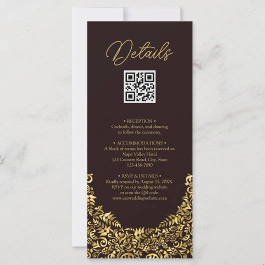Elegante Golden Maroon QR Code Trouwdetail Kaart (Voorkant)