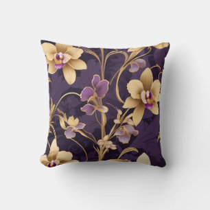 Elegante Golden Orchid Flowers op Royal Paarse Kussen