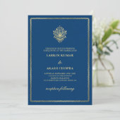 Elegante Golden Paisley Dodger Blue Wedding Kaart (Staand voorkant)