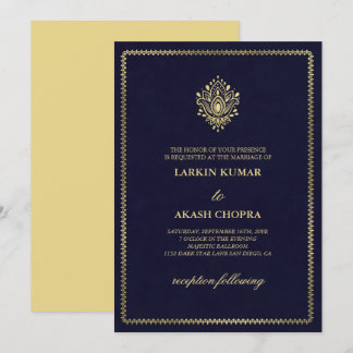 Elegante Golden Paisley Medium leisteen blauw Huwe Kaart