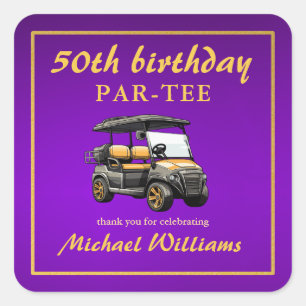 Elegante Golf Thema Kar Purple Goud 50ste Verjaard Vierkante Sticker