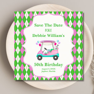Elegante golfkar klaar voor verjaardag van vrouw save the date