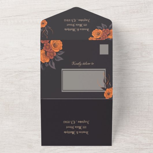 Elegante Gotische 3D Bloemen Schedel bruiloft All In One Uitnodiging (Buitenkant)