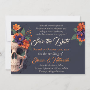 Elegante Gotische 3D Bloemen Schedel Save the Date Kaart