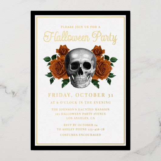 Elegante Gotische Bloemen Schedel Halloween Goud Folie Uitnodiging (Voorkant)