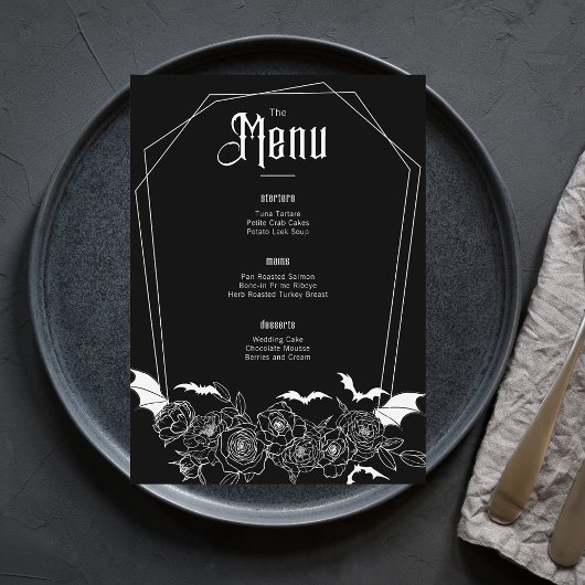 Elegante Gotische Bloemen Zwart Bruiloft Menu