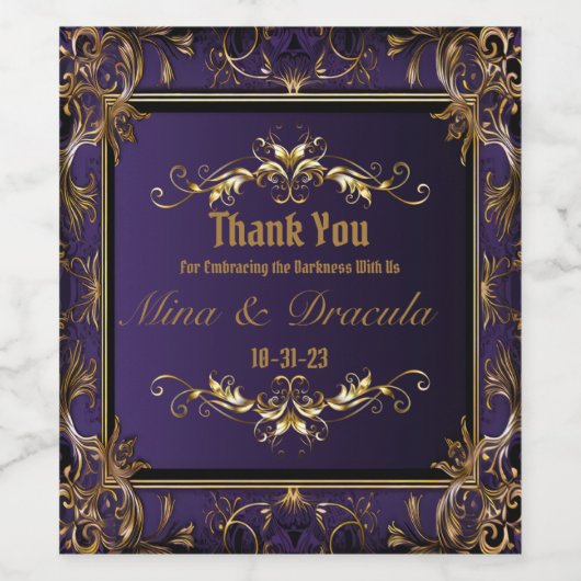 Elegante Gotische Paarse en Gouden Bruiloft Wijn Etiket (Enkel label)