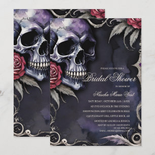 Elegante Gotische Schedel & Rode Rozen Bruidsfeest Kaart