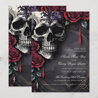 Elegante Gotische Schedel & Rozen Bruiloft Kaart