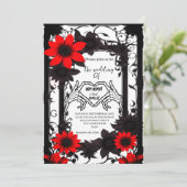 Elegante gotische skelet rode en zwarte bruiloft kaart (Staand voorkant)