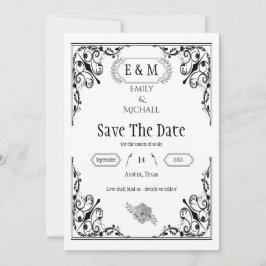 Elegante gotische zwart-wit bruiloft monogram save the date