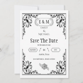 Elegante gotische zwart-wit bruiloft monogram save the date