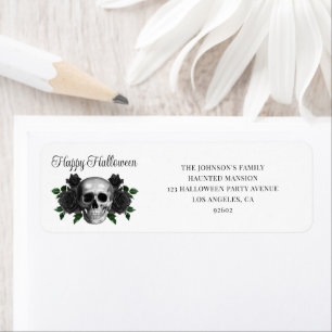 Elegante Gotische Zwarte Bloemrijke Schedel Hallow Etiket