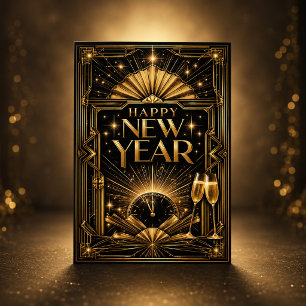 Elegante Goud Art Deco Gelukkig Nieuwjaar Feestdagen Kaart