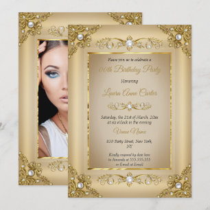 Elegante Goud Beige Parel Foto Verjaardagsfeestje Kaart