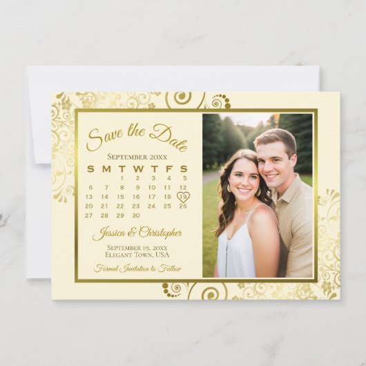 Elegante Goud & Crème Kalender & Fotobruiloft Save The Date (Voorkant)