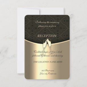 Elegante Goud, Damast, Wijnglazen Trouwreceptie Kaart