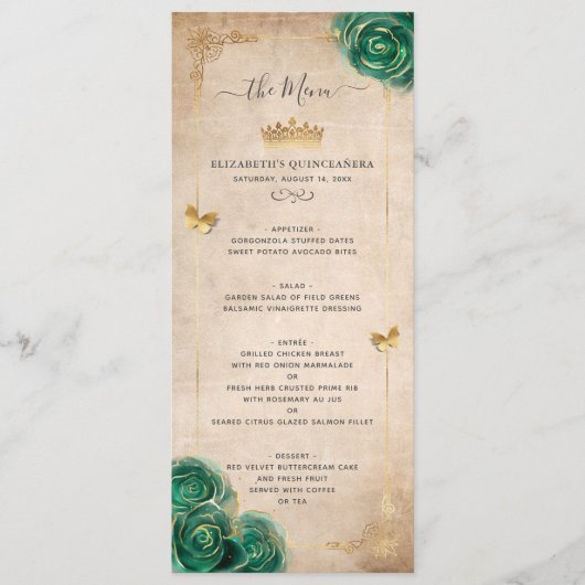 Elegante Goud en Groene Rozen Aquarel Bloemen Menu (Voorkant)
