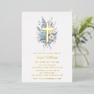 Elegante goud folie blauwe hortensia doop uitnodiging