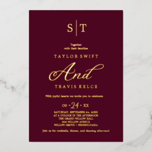 Elegante goud folie Bourgondische monogram bruil Uitnodiging