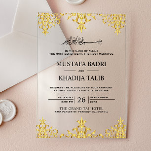Elegante Goud Folie Damast Islamitische Bruiloft Acryl Uitnodigingen