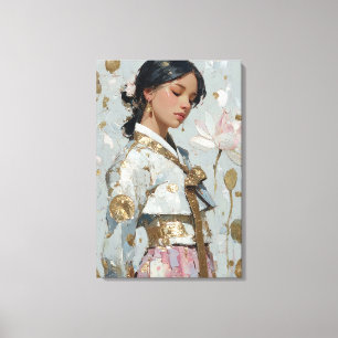 Elegante goud-folie Hanbok-portret en lotusdoek Canvas Afdruk