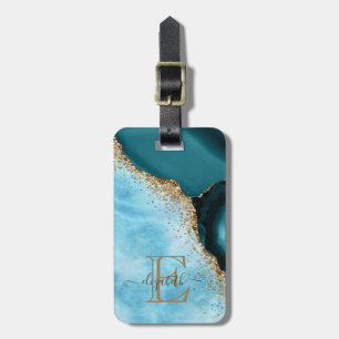 Elegante goud glitters turquoise marmer bagagelabel