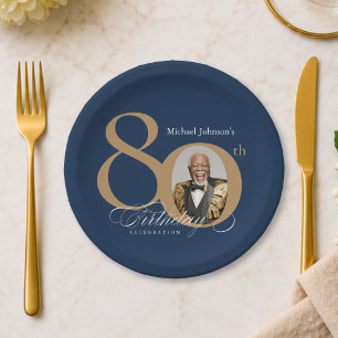 Elegante Goud Navy Blauwe Foto 80ste Verjaardag Papieren Bordje
