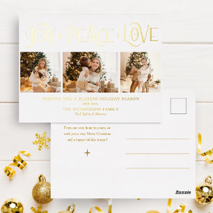 Elegante Goud Vreugde Vrede Liefde Script 3-Foto Folie Feestdagen Briefkaart