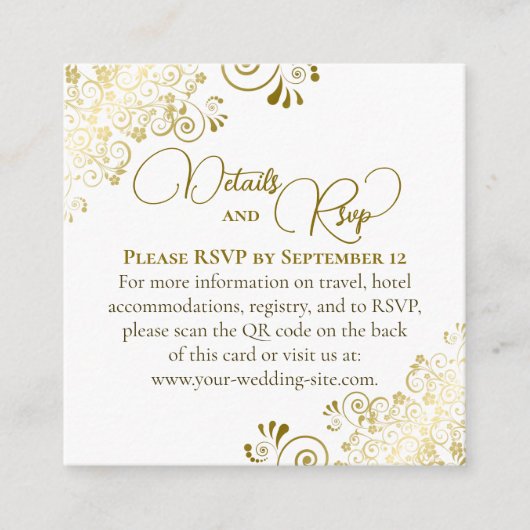 Elegante Goud & Wit bruiloft Details RSVP QR Code Informatiekaartje (Voorkant)