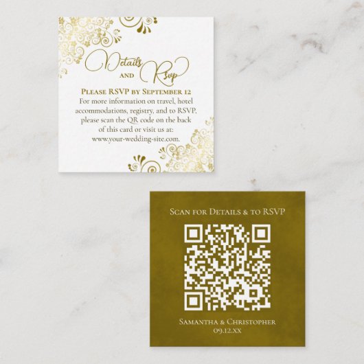 Elegante Goud & Wit bruiloft Details RSVP QR Code Informatiekaartje (Voorkant / Achterkant)