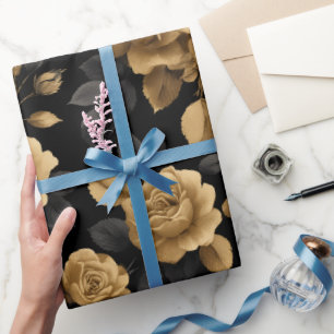 Elegante gouden accent roos zwart bloemmotief cadeaupapier