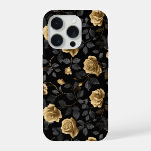 Elegante gouden accent roos zwart bloemmotief iPhone 15 pro hoesje