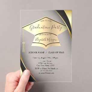 Elegante gouden afstudeerhoofdtelefoonframe zwart acryl uitnodigingen