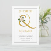 Elegante gouden ampersand en witte roos bruiloft kaart (Staand voorkant)