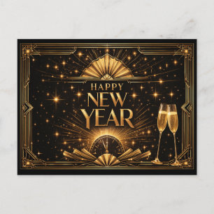 Elegante Gouden Art Deco Gelukkig Nieuwjaar Feestdagenkaart