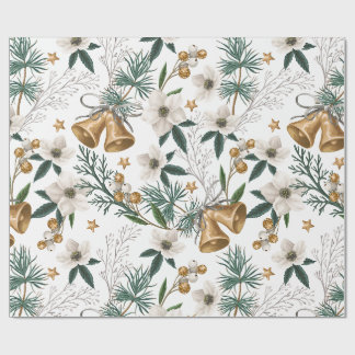Elegante gouden bellen en wit winterbloemmotief cadeaupapier