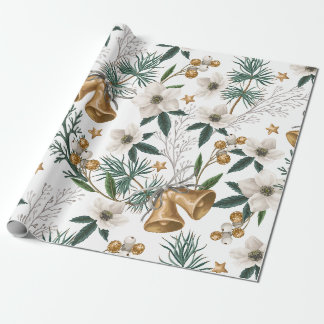 Elegante gouden bellen en wit winterbloemmotief cadeaupapier