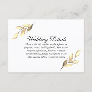 Elegante Gouden Blad Bruiloftsreceptie Details Informatiekaartje