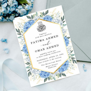Elegante gouden bladeren Blauwe bloemige moslimbru Kaart