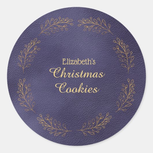 Elegante gouden bladeren blauwe kerstkoekjes ronde sticker (Voorkant)