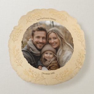 Elegante Gouden Bladeren Familie Foto Kerst Beige Rond Kussen