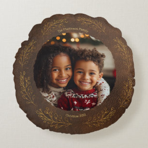 Elegante Gouden Bladeren Familie Foto Kerstmis Bru Rond Kussen