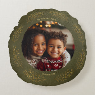 Elegante Gouden Bladeren Familie Foto Kerstmis Gro Rond Kussen