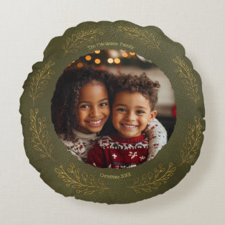 Elegante Gouden Bladeren Familie Foto Kerstmis Gro Rond Kussen