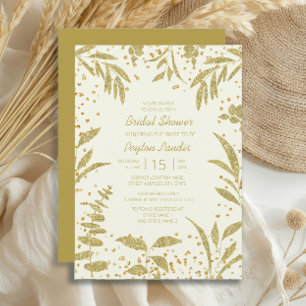 Elegante Gouden Bladeren Glitter Crème Bruidsfeest Kaart