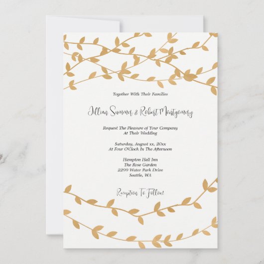 Elegante gouden bladeren zwart-wit bruiloft kaart (Voorkant)